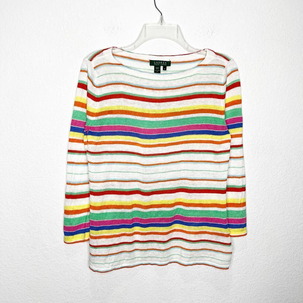 Lauren Ralph Lauren 100% Linen Rainbow Striped Sweater Pride Lagenlook Preppy